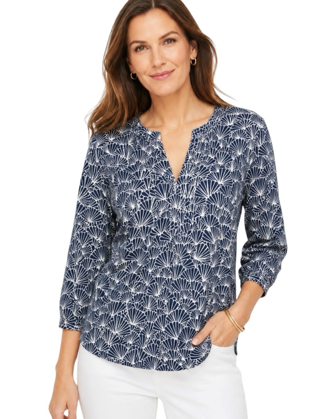 Talbots | Shell Print 3/4 Sleeve VNeck Cotton Tunic Sz M EUC